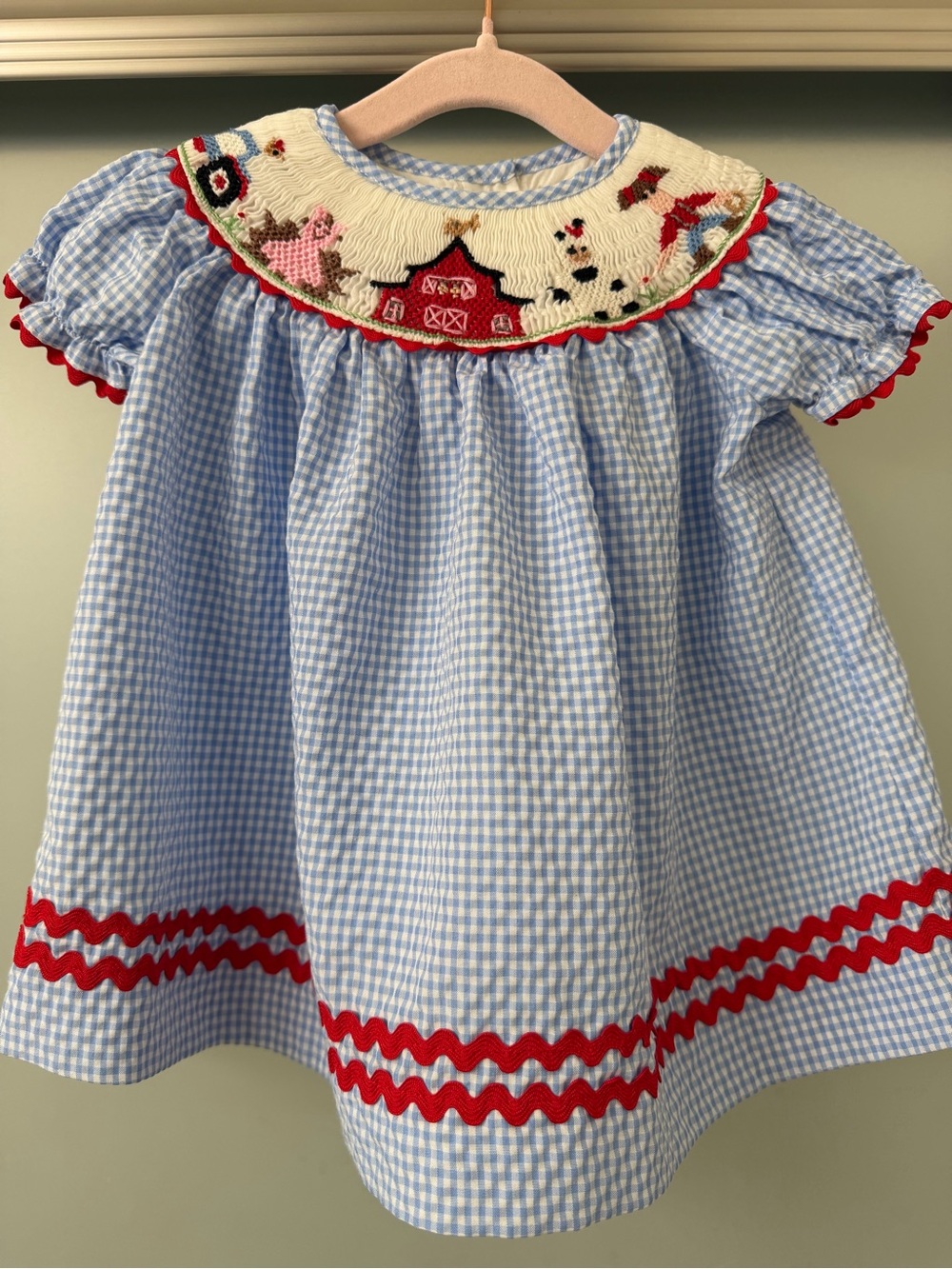 Blue Gingham Smocked Farm-Themed Baby Dress 3M